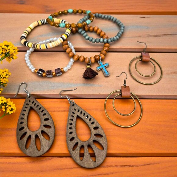 Brown Tones With Teal Cross Bracelet And Earring Set - Picture 1 of 1
